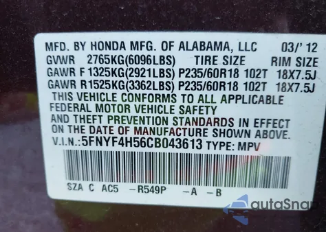 2012 Honda Pilot Ex-L from USA, damaged, VIN 5FNYF4H56CB043613